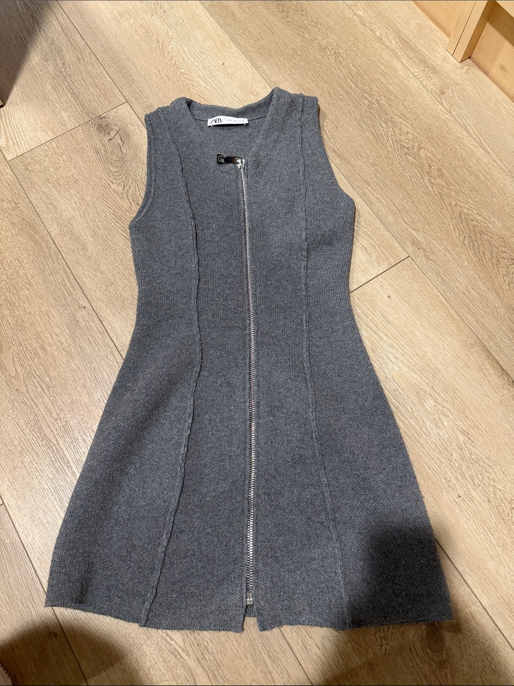 Zara Charcoal Gray Zip-Front Sleeveless Knit Dress